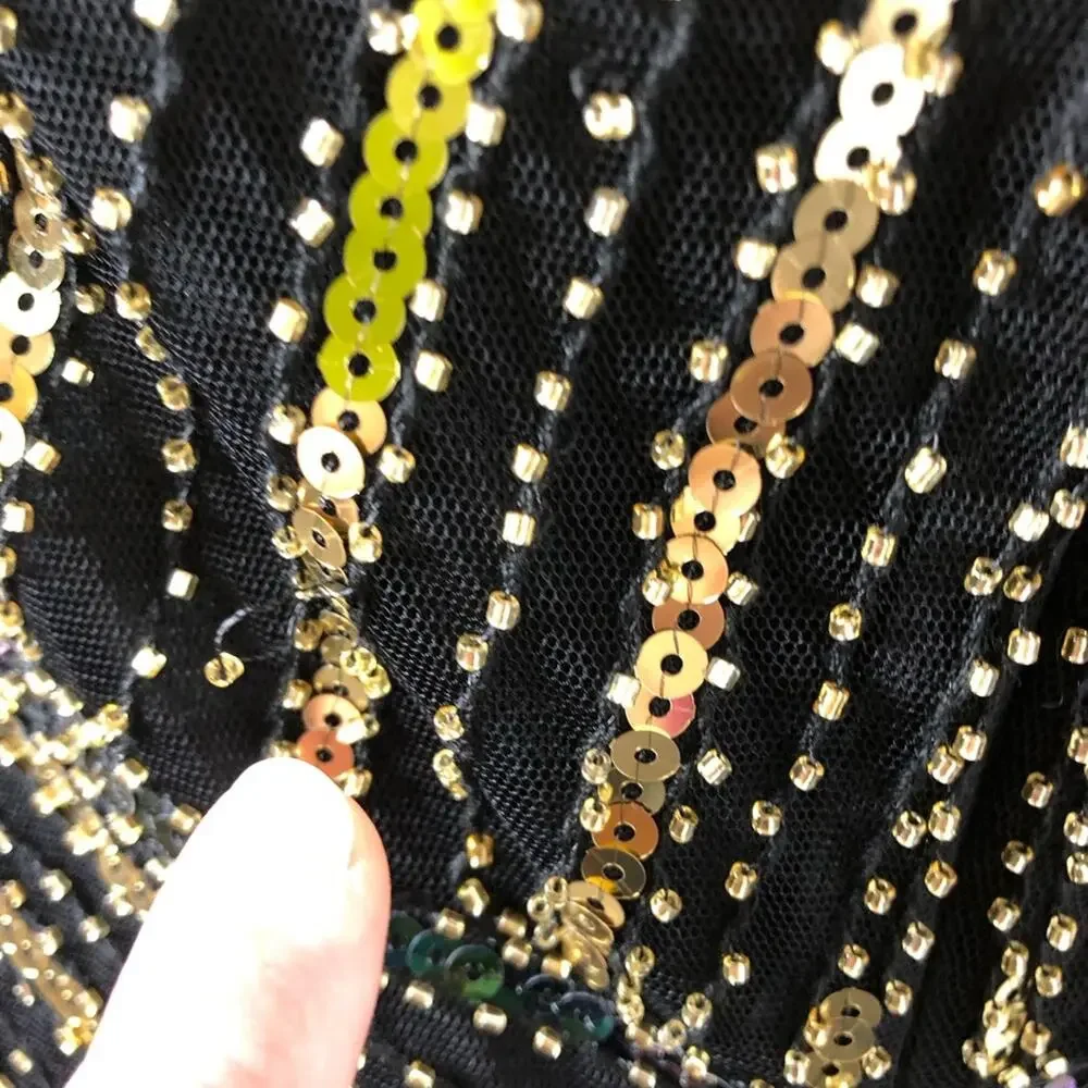 Vintage black gold sequin beaded fringe trim sleeveless midi dress size Small
